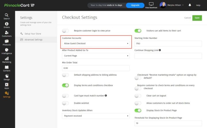 PinnacleCart guest checkout